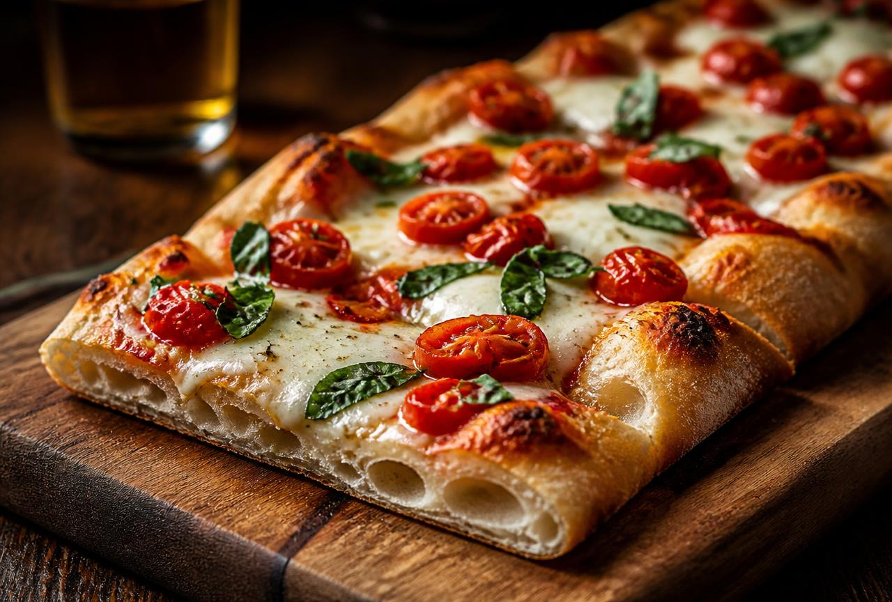 Nybakad romersk pinsa med mozzarella, tomat och basilika